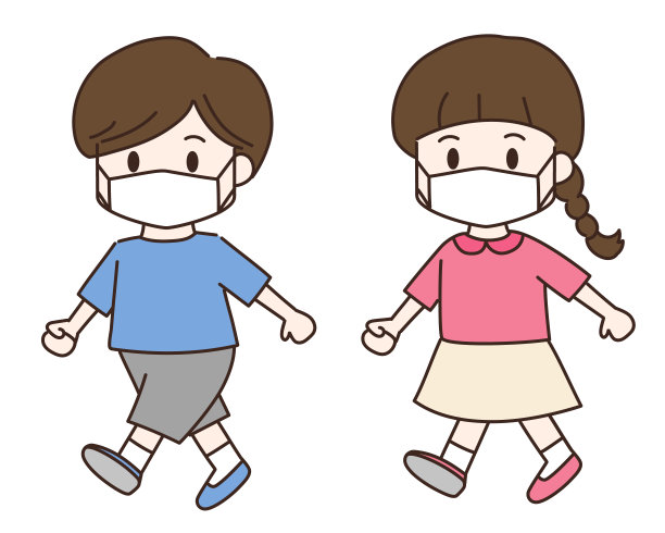 走路的男孩和女孩戴口罩，防止冠状病毒感染。图片下载