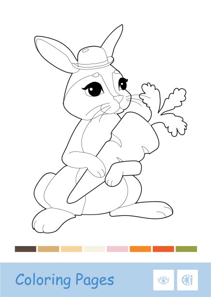 无色矢量轮廓图像的兔子与胡萝卜孤立在白色背景和建议调色板以下。野生动物学龄前儿童涂色书插图图片下载