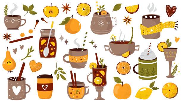 大套热饮热葡萄酒，可可，咖啡和香料。图片下载