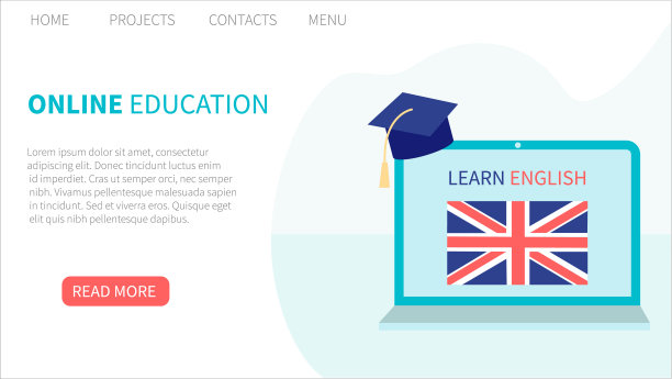着陆页模板。在线英语学习，远程教育理念。语言培训和课程。一名女学生在笔记本电脑上学习外语。平面设计中的向量。图片下载