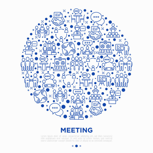 细线图标圈中的会议概念:演讲者、沟通、协作、团队、头脑风暴、在线会议、会议、主持人、聚会、采访。矢量插图。图片下载