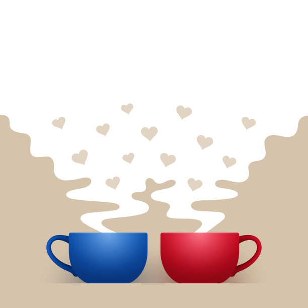 蓝色和红色的热饮杯和白色的心形蒸汽图片下载