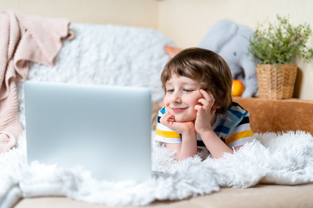 回到学校。远程学习在线教育。白种人微笑的学龄前男孩在家里学习笔记本电脑和做作业。躺在沙发和毯子上，电脑图片下载