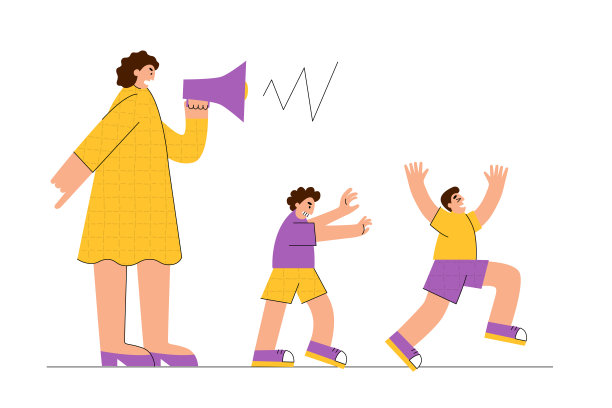 沮丧的母亲对着吵闹玩耍的孩子尖叫。图片下载