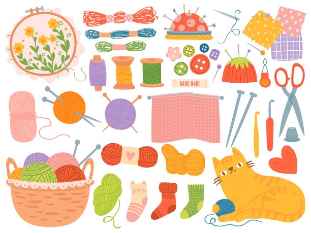 针织线程。工艺品配件、线、针、纱球。剪刀，钩针，手工刺绣爱好，卡通矢量集图片下载