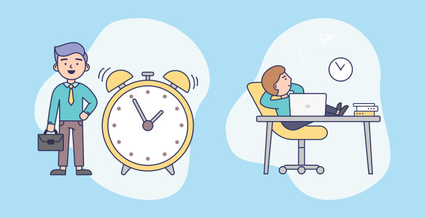 工作周和周末的不同概念。男性角色花费时间的设定。上班族和自由职业者，高效工作时间。彩色卡通平面风格矢量插图在蓝色的背景图片下载