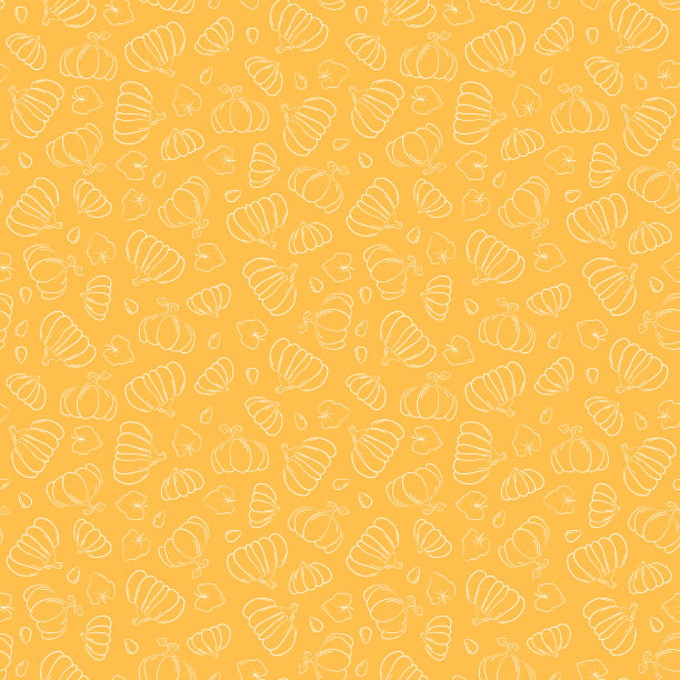 勾勒出南瓜矢量无缝模式。黄色背景上的白色涂鸦南瓜。经常用南瓜印花图片下载