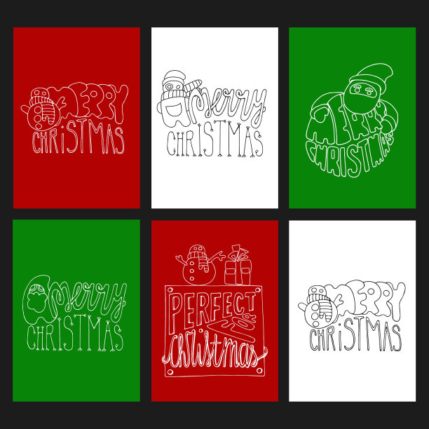 圣诞快乐A5格式卡一套文字和圣诞老人。矢量设计的壁纸，邀请，印刷品，贺卡，海报。手绘在白色，红色，绿色的背景。图片下载