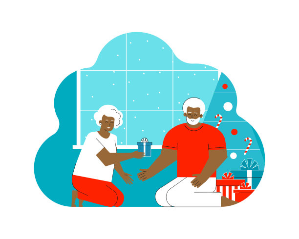 平面向量的概念。冬季快乐的非裔美国老夫妇的节日。家里装饰着礼品盒、圣诞树。可爱的老妇人正在给可爱的老人送礼物。舒适的晚上图片下载