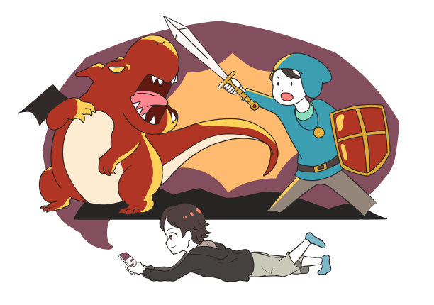 男孩玩智能手机RPG系统游戏横盘图片下载