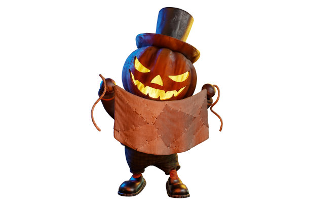 3d渲染性格的南瓜头怪物，杰克o灯笼拿着补丁布旗帜标志的万圣节主题，孤立在白色的背景与剪切路径。图片下载