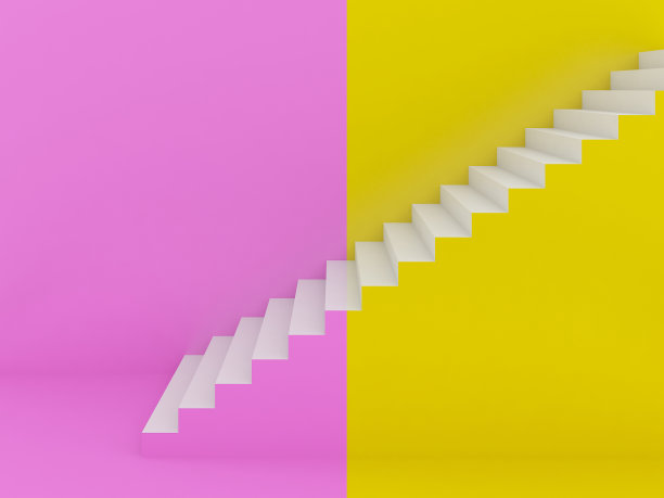 彩色背景的白色楼梯，3d渲染图片下载