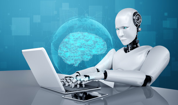 人形机器人使用笔记本电脑，坐在桌子前思考人工智能大脑的概念图片下载