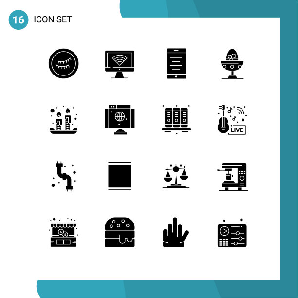 设置16个现代的UI图标符号标志的光图片下载