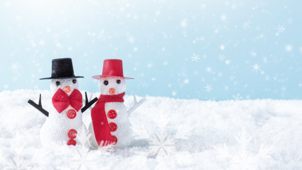 几个雪人站在雪地里，俯瞰着冬天的风景图片下载