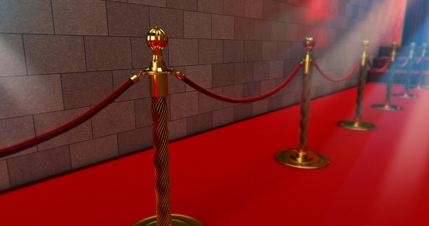 入口处的绳索护栏之间铺着长长的红地毯。红毯上的成功之路。三维渲染图片下载