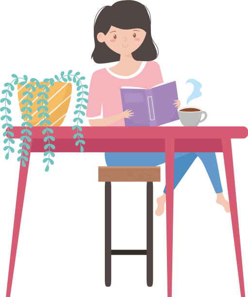 呆在家里的女孩在桌子上看书图片下载
