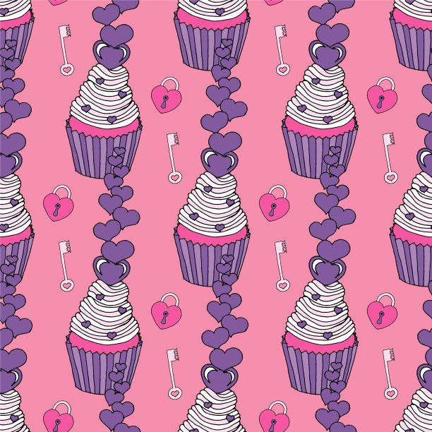 矢量图形将各种糖果和甜点装饰成无缝图案。情人节的心形图案和纸杯蛋糕。美丽的抽象图案与情人节无缝图案装饰设计。婚礼标志元素图片下载