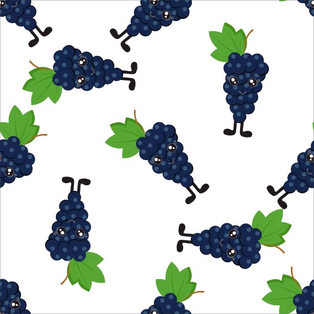 无缝图案与明亮的黑葡萄与眼睛和腿在白色的背景。打印床单和织物，包装纸和墙纸。
股票矢量插图装饰和设计。图片下载
