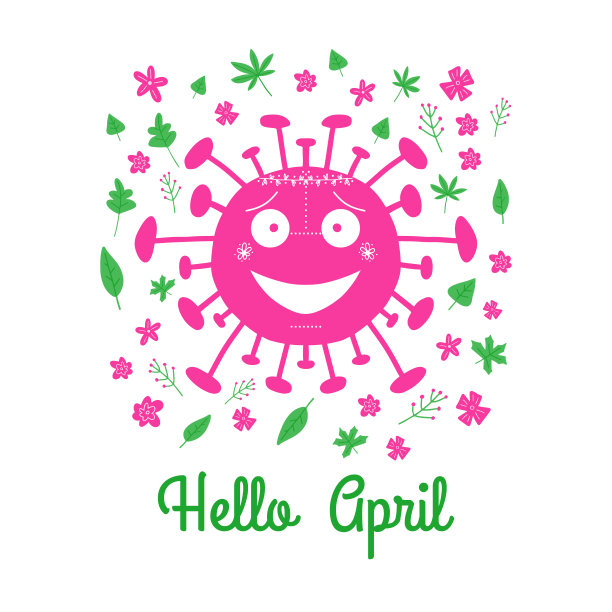 你好,4月。粉红色的卡通冠状病毒细菌与绿色的叶子和春天的花朵。孤立在白色背景上。矢量插图。图片下载