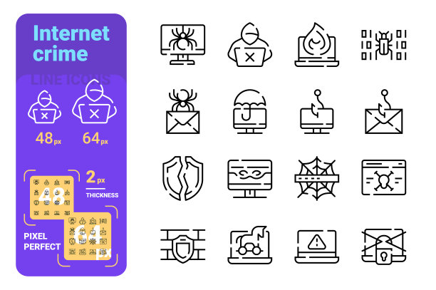 设置网络犯罪简单线条图标黑客图片下载