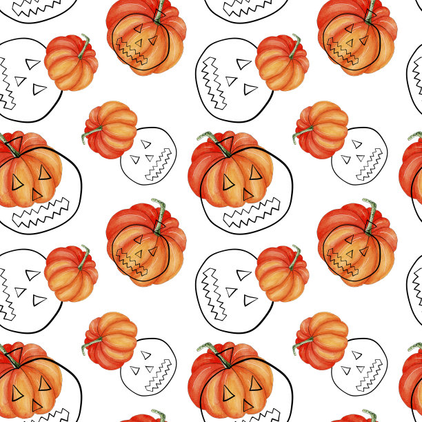 无缝水彩南瓜设计，万圣节背景。图片下载