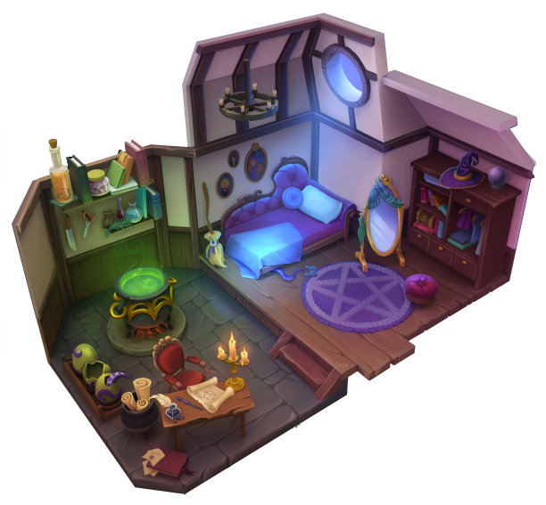 女巫的房间。万圣节和游戏的卡通插图。图片下载