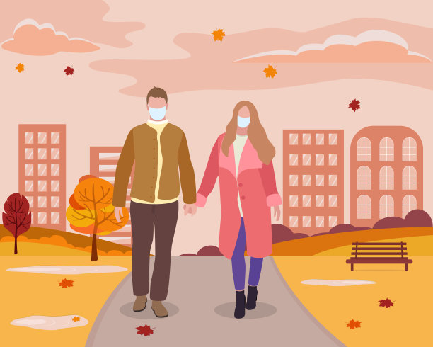 一男一女戴着医用口罩在秋城公园散步。在隔离后的时间散步平面卡通风格的人物。矢量图图片下载