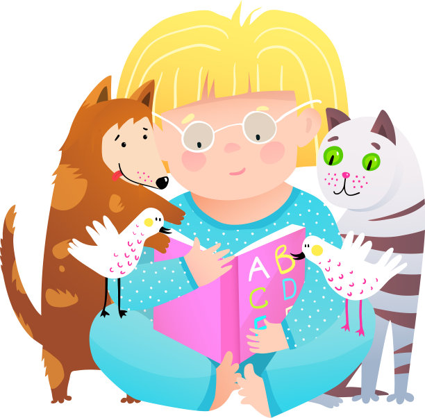可爱的小女孩给猫和狗朋友读书图片下载