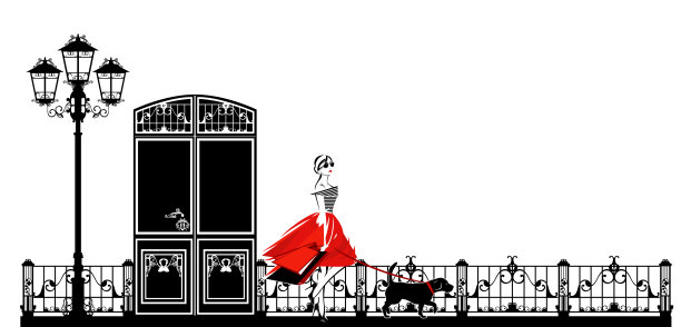 矢量场景的女人走她的宠物比格犬在城市街道图片下载