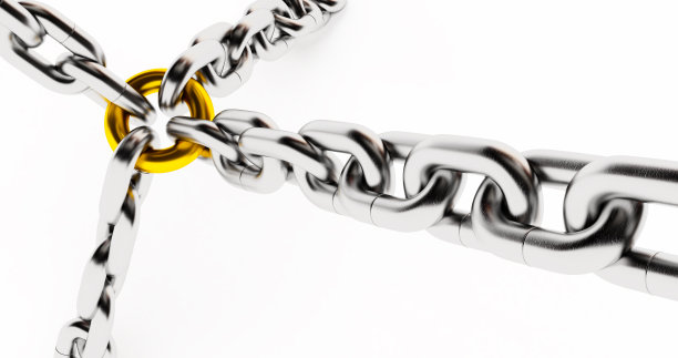 由一个链环连接的钢链。金属链链孤立在白色背景上。三维渲染图片下载