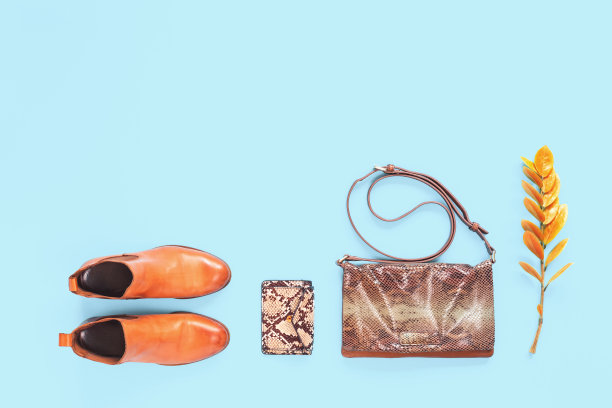 秋天的季节。一双橙色秋季靴子和动物印花袋在蓝色图片下载