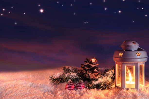 圣诞灯在雪景下星空下的夜晚图片下载