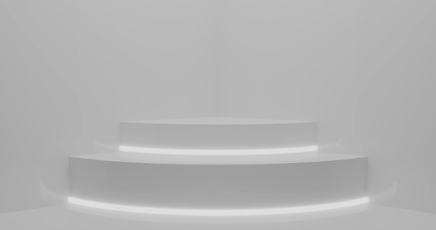 3 d渲染。在霓虹灯照明的明亮房间里，几何形状的抽象构图。你的模型的讲台。图片下载