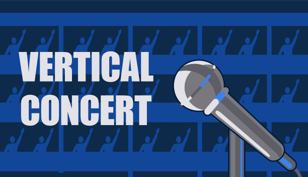 垂直的音乐会邀请海报。在酒店楼层的房间里，观众们围着邻居跳舞，听着楼下的音乐会。背景上的麦克风多层楼家。矢量图图片下载