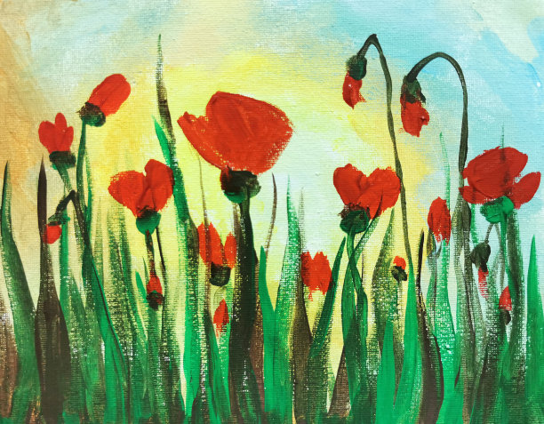 充满活力的手绘丙烯酸植物花蕾茎草本在画布刷问候卡风格。罂粟花在田野在日落与丙烯在画布上画图片下载
