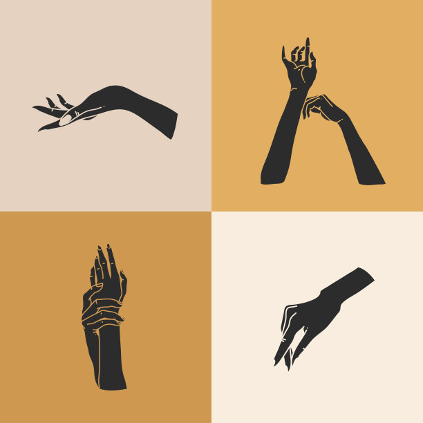 手绘矢量抽象股票平面图形插图与标志元素集，人的手剪影，线，魔术艺术在简单风格的品牌，孤立的颜色背景图片下载