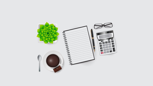 矢量插图的工作场所元素在办公室。计算器，眼镜，笔记本和铅笔，咖啡杯，花。每股收益10。图片下载