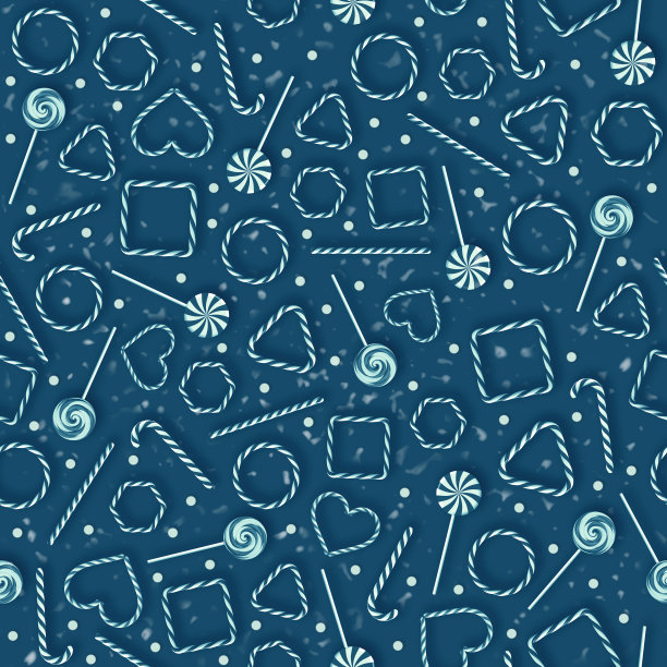 无缝质地的白色和蓝色棒棒糖和糖果在蓝色的背景和白点。3D渲染和3D插图。图片下载