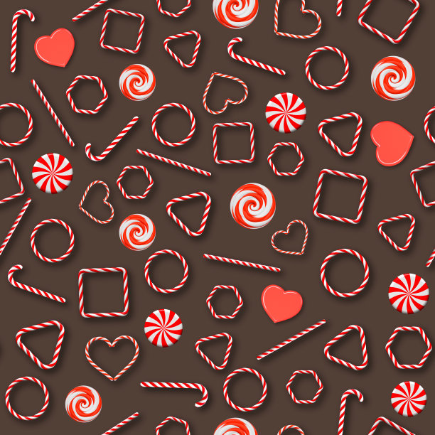 红白相间的棒棒糖和糖果在棕色的背景上。无缝纹理。3D渲染和3D插图。图片下载