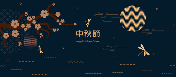 抽象的卡片，旗帜设计与传统的中国圆形图案代表满月，中国文字中秋快乐，金色在深蓝色。矢量图图片下载