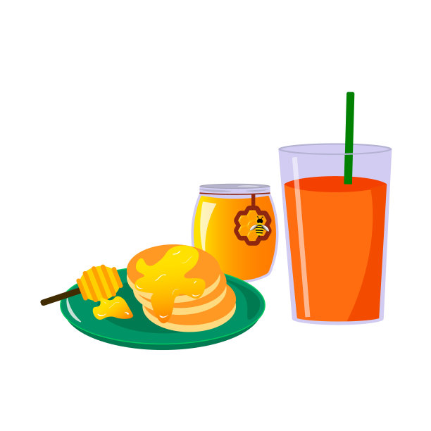 健康早餐——加蜂蜜和果汁的煎饼。图片下载