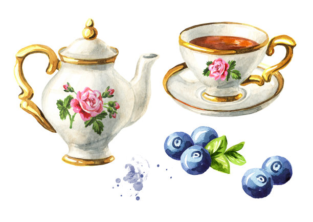 茶壶，一杯茶和蓝莓套装。手绘水彩插图孤立的白色背景图片下载