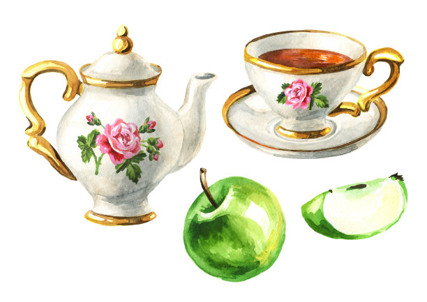 茶壶、茶杯、青苹果套装。手绘水彩插图孤立的白色背景图片下载