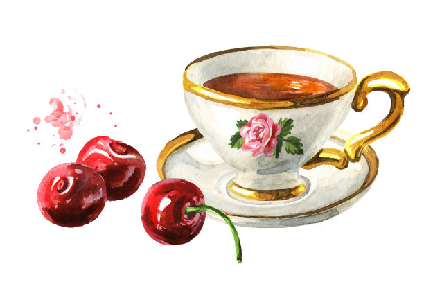 一杯樱桃茶。手绘水彩插图孤立的白色背景图片下载