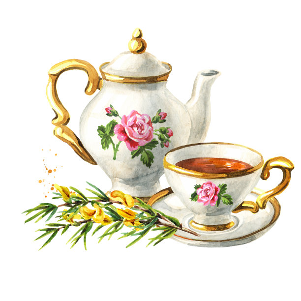 茶壶，一杯茶和蜂蜜。手绘水彩插图孤立的白色背景图片下载