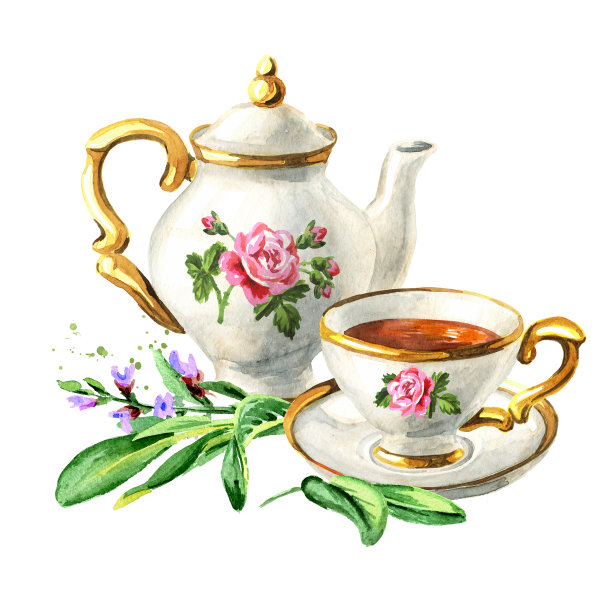 茶壶，一杯茶和鼠尾草。手绘水彩插图孤立的白色背景图片下载