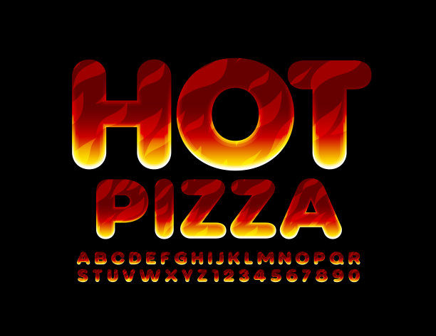 矢量亮标志热披萨餐厅，咖啡馆，菜单。火字母和数字集图片下载