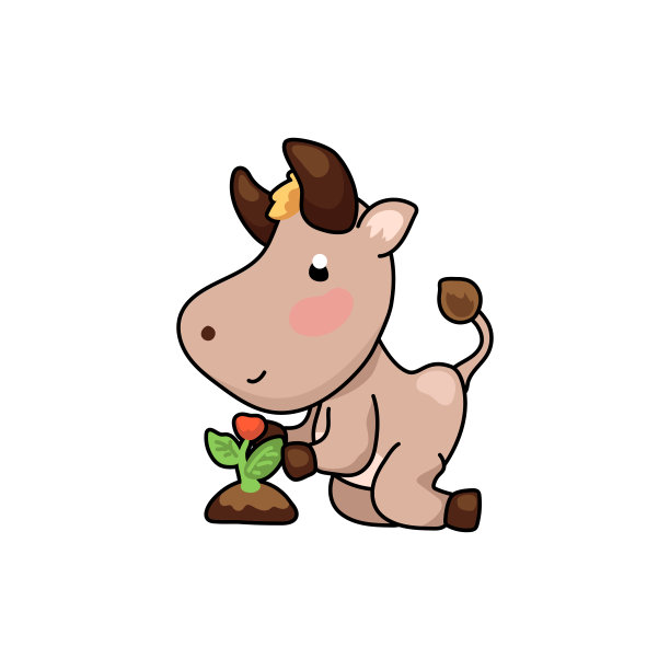 可爱的牛卡通人物种植花卉植物。2021年农历生肖。中国牛年。牛矢量插图在白色的背景。友好的牛的吉祥物。家养农场动物园艺图片下载