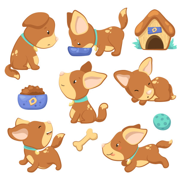 可爱小狗向量字符集。狗的情感活动。国内宠物stickerpack。图片下载